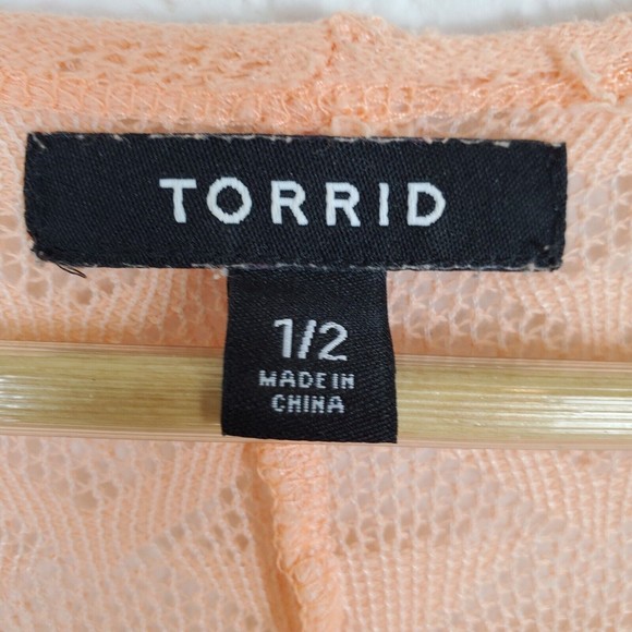 Torrid Peach Crochet Lace Open Front Long Cardigan Duster Cover Up Size 1/2 - Picture 3 of 4